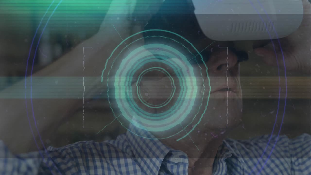 animación del escaneo del alcance y el procesamiento de datos sobre el hombre que usa auriculares vr