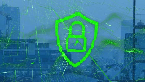 Animation-of-digital-padlock-and-green-lines-over-cityscape