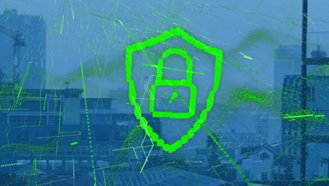 animation of digital padlock and green lines over cityscape