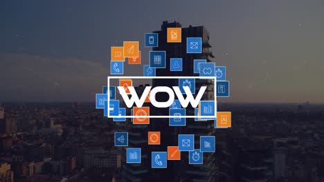 animación de texto wow e iconos de redes sociales sobre el paisaje urbano