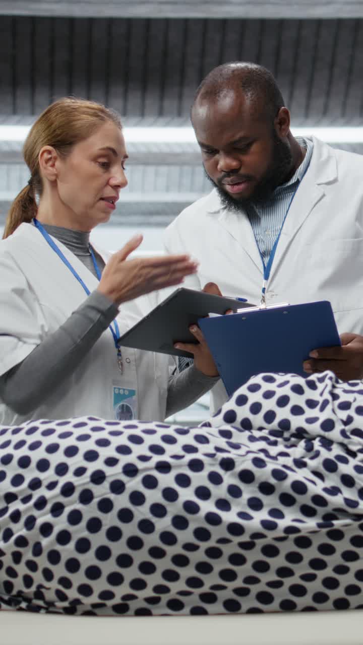 Vertical Video Doctors scientists examining old patient for a toxicology report