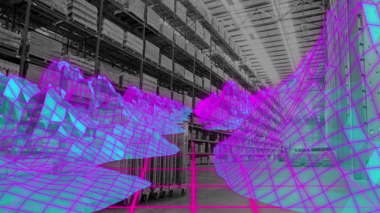 Animation of digital mountains over warehouse