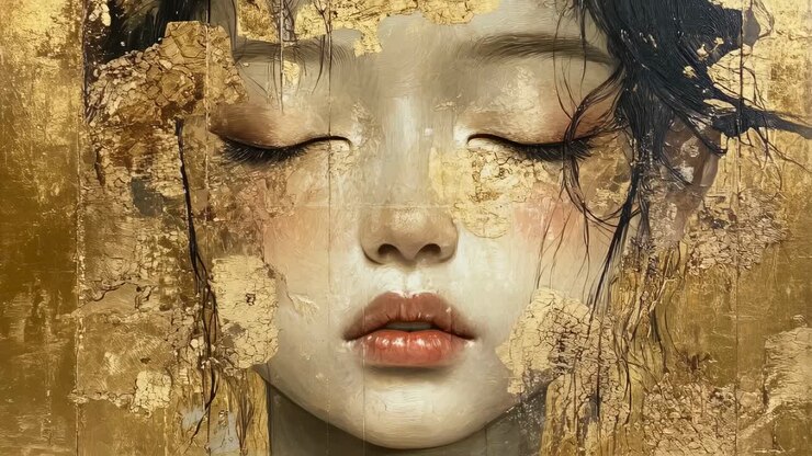 Golden fragments delicately adorning facial features, creating mesmerizing fine art portrait with serene expression and closed eyes, embodying ethereal beauty and artistic contemplation