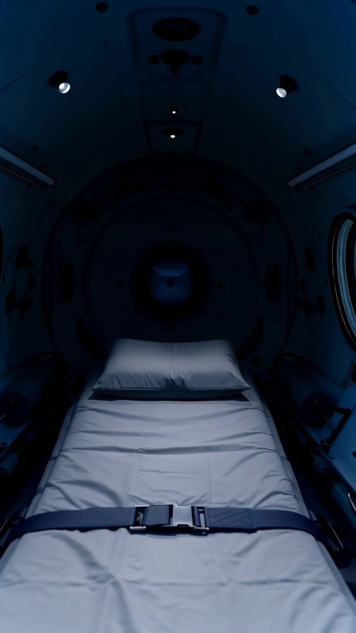 Unoccupied patient stretcher positioned along central axis of cylindrical pressurized medical chamber, with pillow, dark blue restraint straps, and cabin lighting shifting from clinical brightness