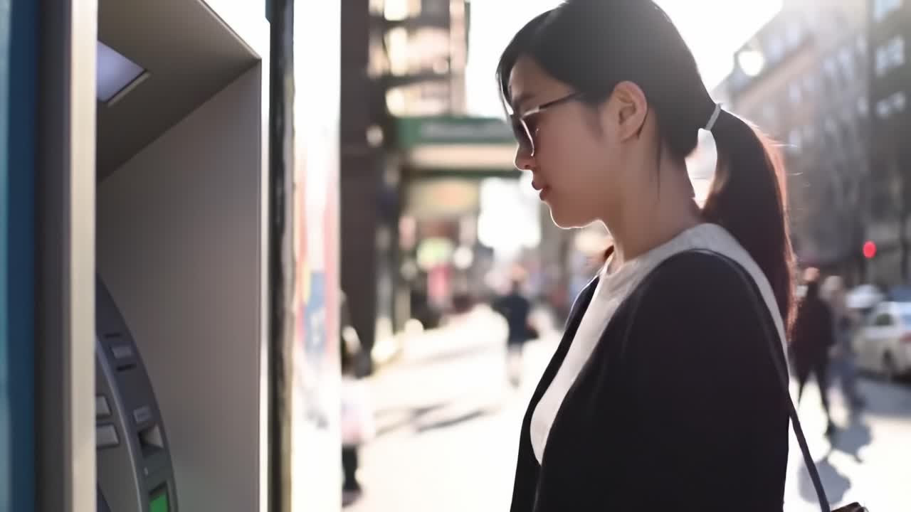 A Woman Engaged with an ATM on a Busy City Street, Showcasing Modern Banking Interactions and Urban Life Amidst Bright Sunlight