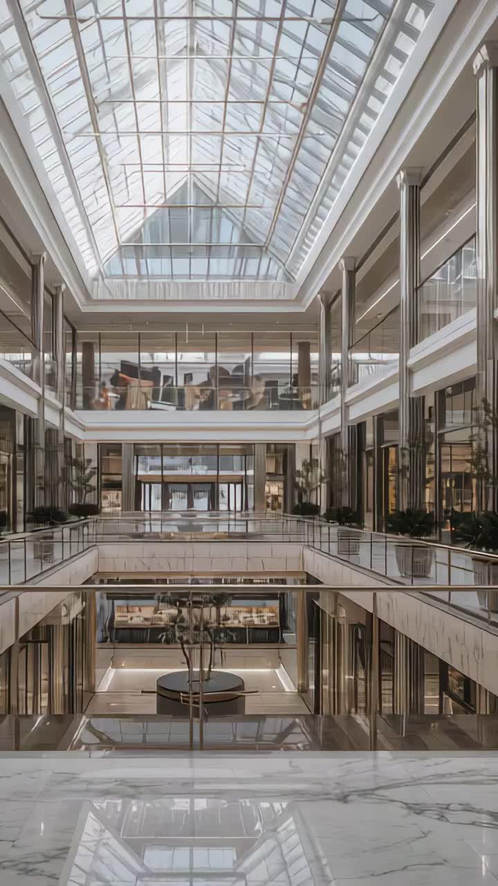 Vertical video: Advancing camera tilting down, revealing atrium in mall with skylight and planter