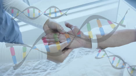animación de cadenas de adn sobre diversas mujeres doctoras masajeando la mano de una anciana paciente