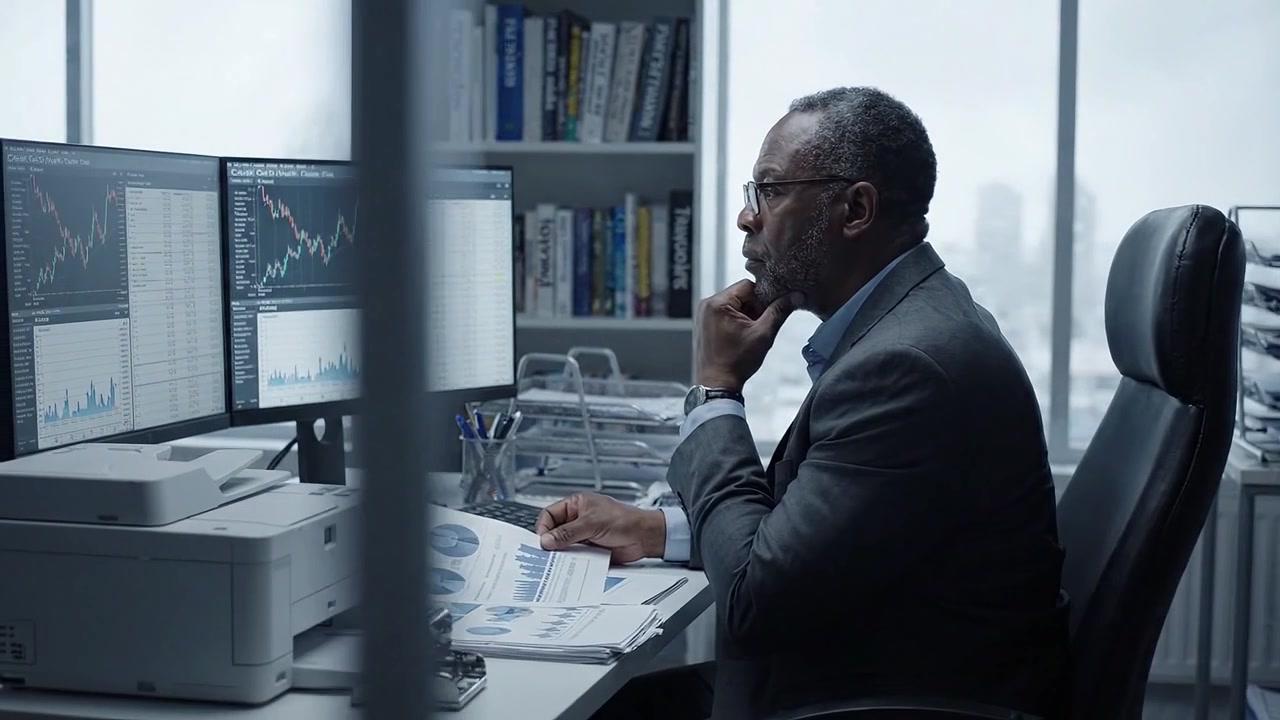 Focused businessman analyzing data and financial charts in a modern office environment with dual computer screens displaying stock market trends and analytics.