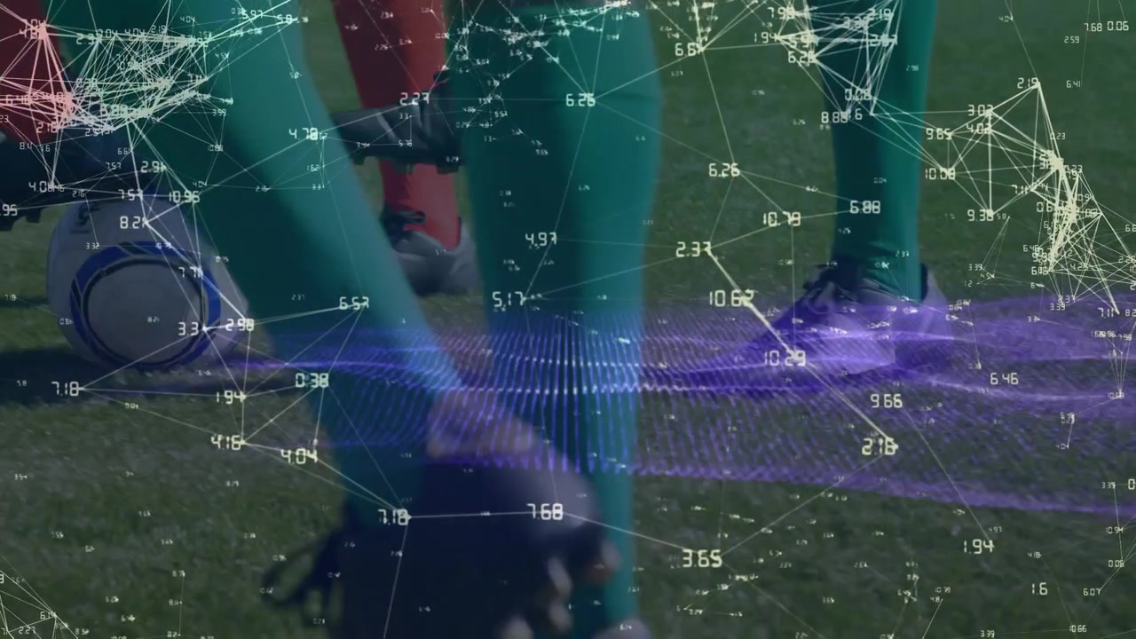 Nettverk av forbindelser og digitale bølger over nedre del av mannlige fotballspillere som spiller fotball.