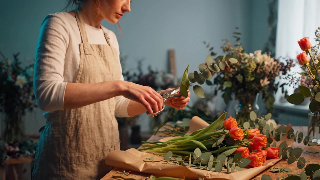 Un fiorista che compone con abilità splendidi fiori, tagliando e organizzando con cura i bouquet in un sereno atelier con vegetazione lussureggiante e colori vivaci.