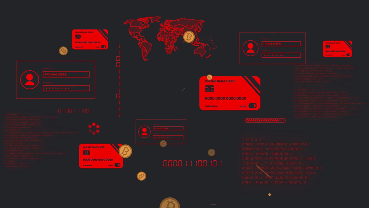 Top coins appearing, bitcoin coins cascading while red cards pulsing, visualizing world flows