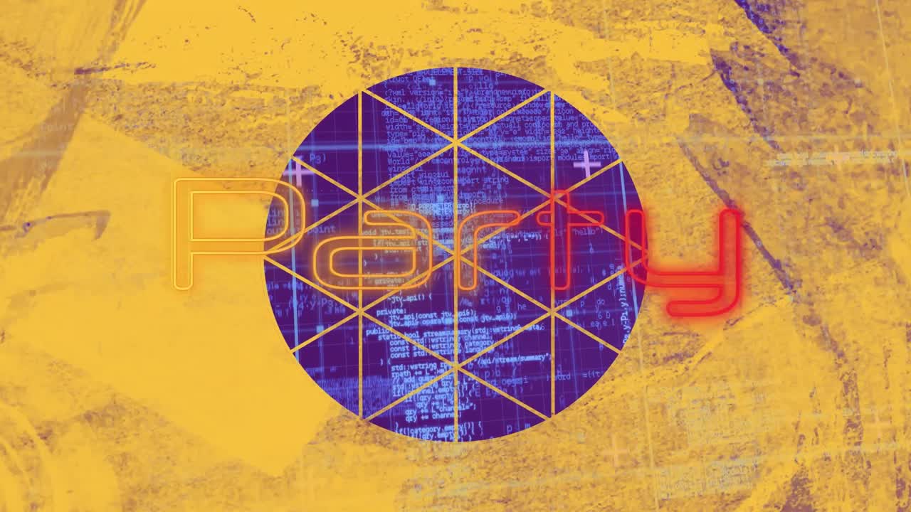 animación del texto de la fiesta en neón sobre el círculo cortado en papel amarillo sucio sobre los datos de procesamiento