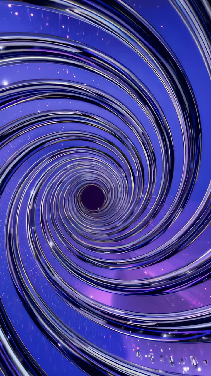 Vertical video: Starting frame sending chrome spiral rotating inward in 3D tunnel to void and stars
