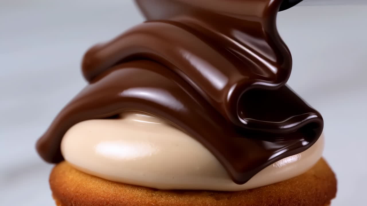 Chocolate Glaze Poured Over Frosted Cupcake