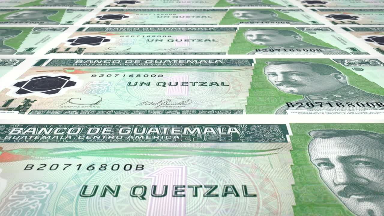 billetes de un quetzal guatemalteco de guatamala rodando, dinero en efectivo, bucle