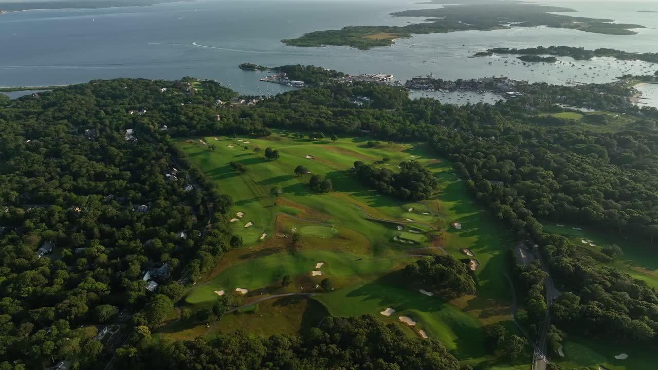 Drone shot of the Woods Hole Golf Club nestled in Cape Cod's rural countryside