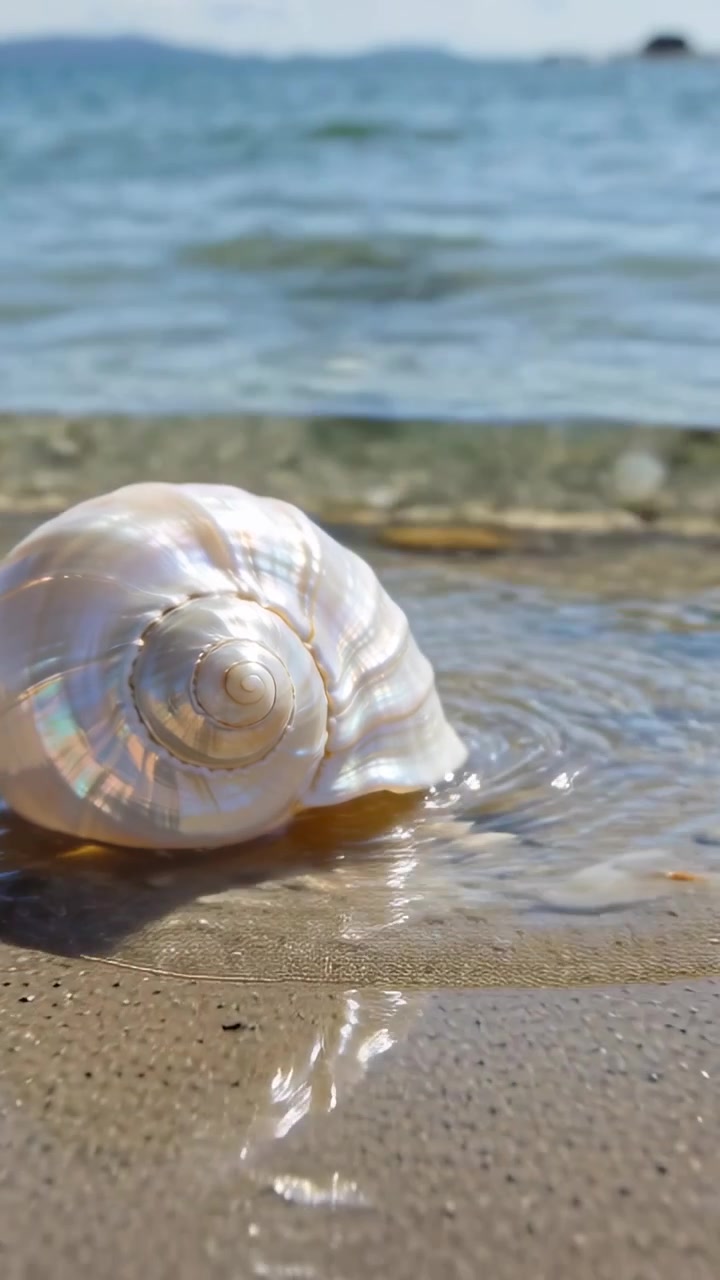 Vertical video: Pulling camera back to frame pearlescent shell resting in wet sand, waves lapping