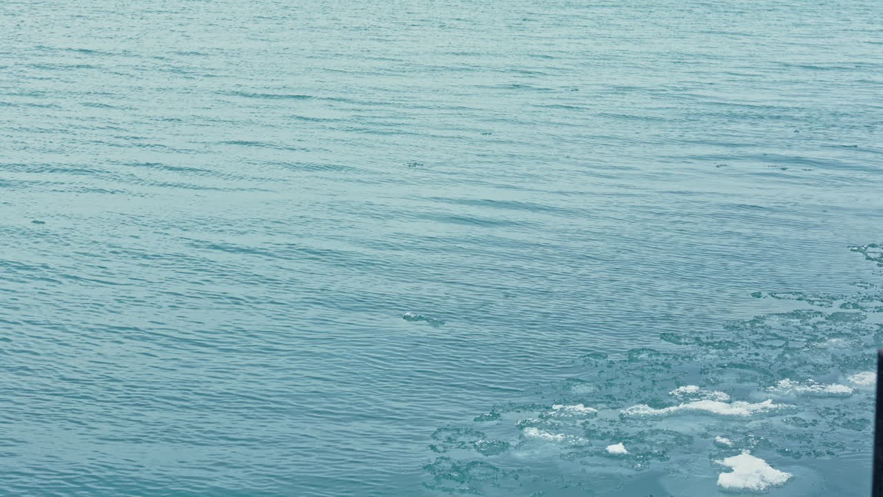 ボートのさざ波が立つ広大な水面に、岸辺には小さな氷の破片が浮かび、上空には青空が広がる、穏やかな午後の情景が捉えられています。