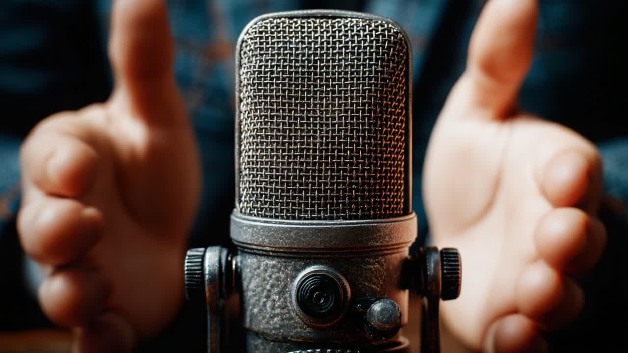 A Close-Up of a Professional Microphone Surrounded by Hands, Capturing the Essence of Creativity and Expression in Voice Recording Sessions