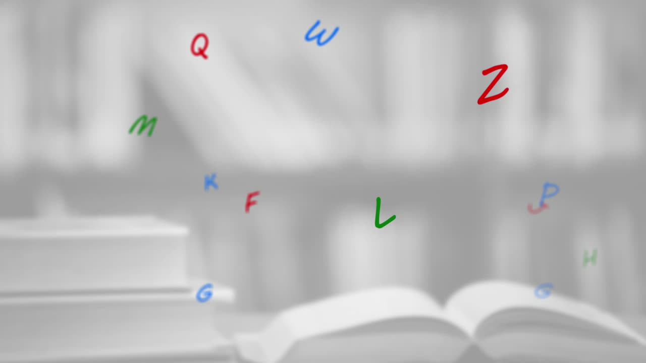 composición digital de múltiples alfabetos flotando contra la biblioteca de la escuela en el fondo