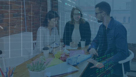 three colleagues sitting around wooden table, discussing finance with animated graph overlays
