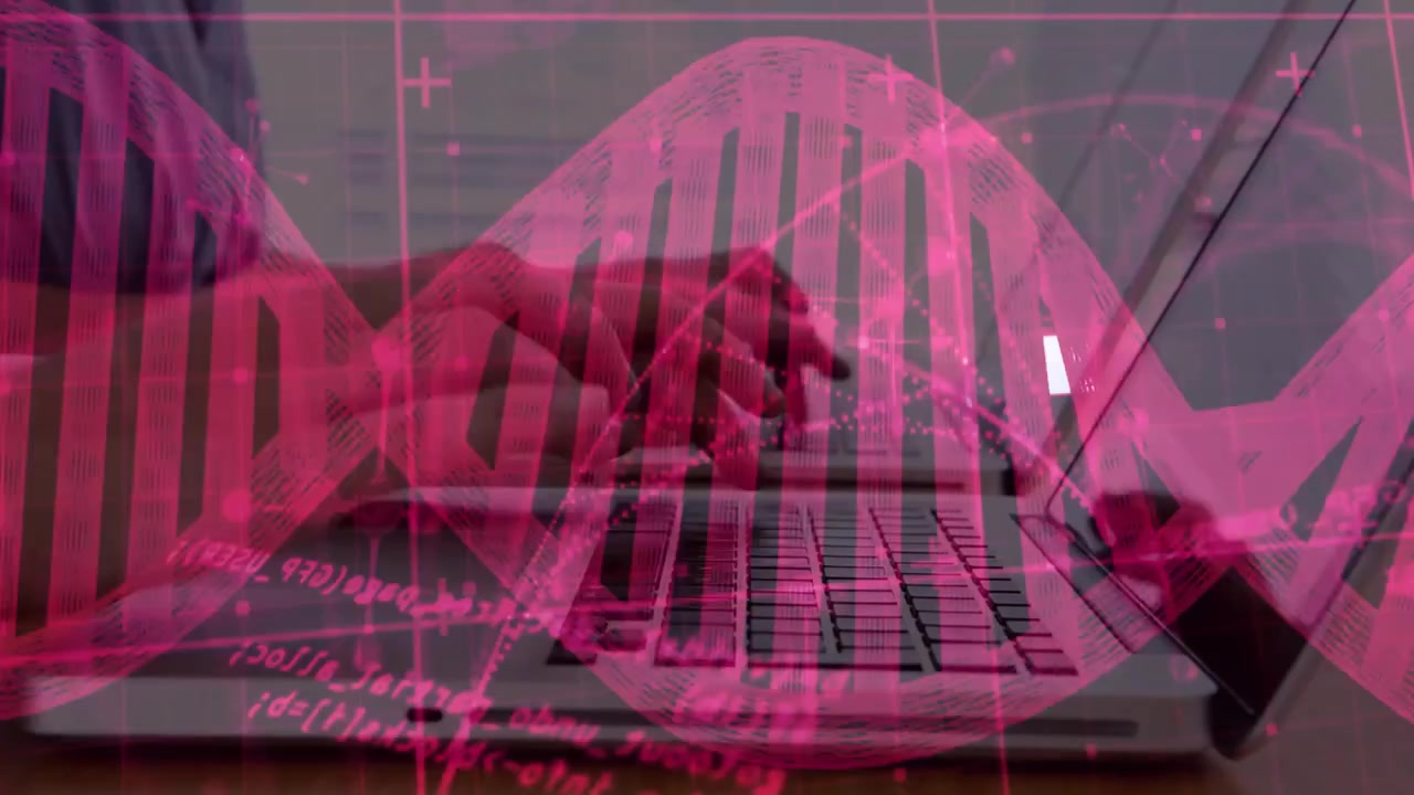 Person Typing on Laptop with Digital DNA Strand Overlay