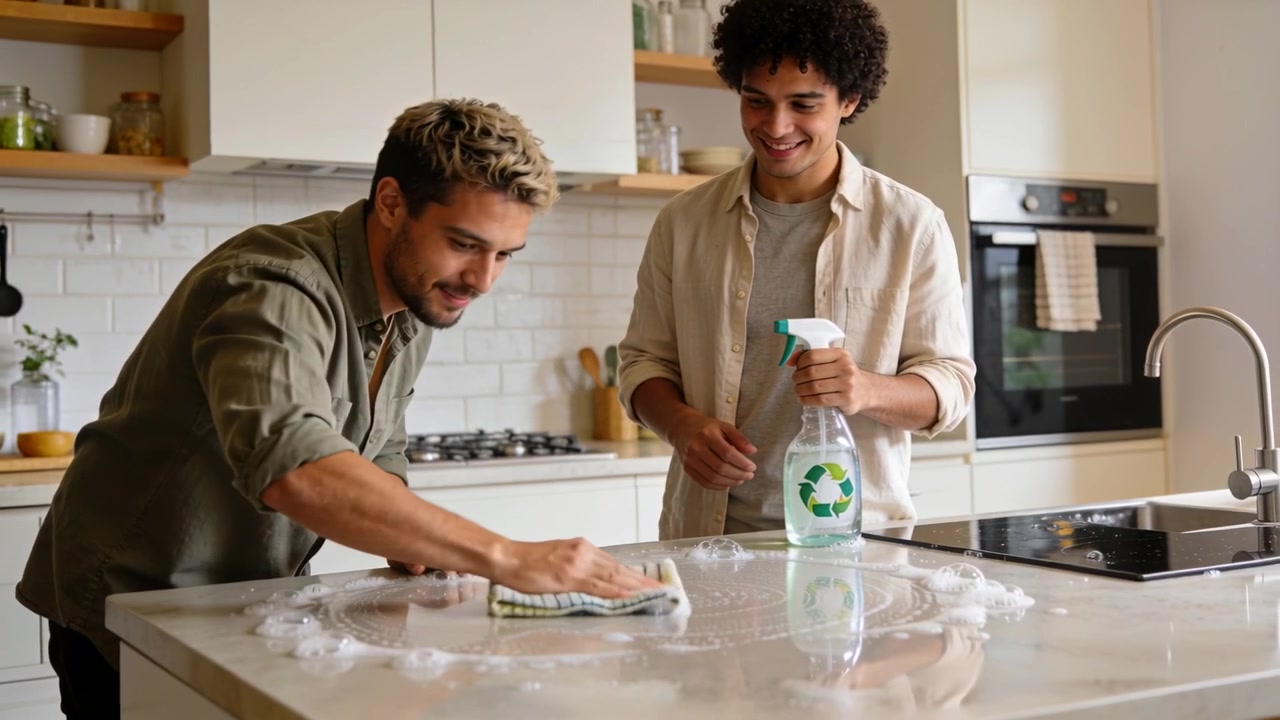 Wiping left man in olive-green clearing foam on island after right man spraying recycling bottle
