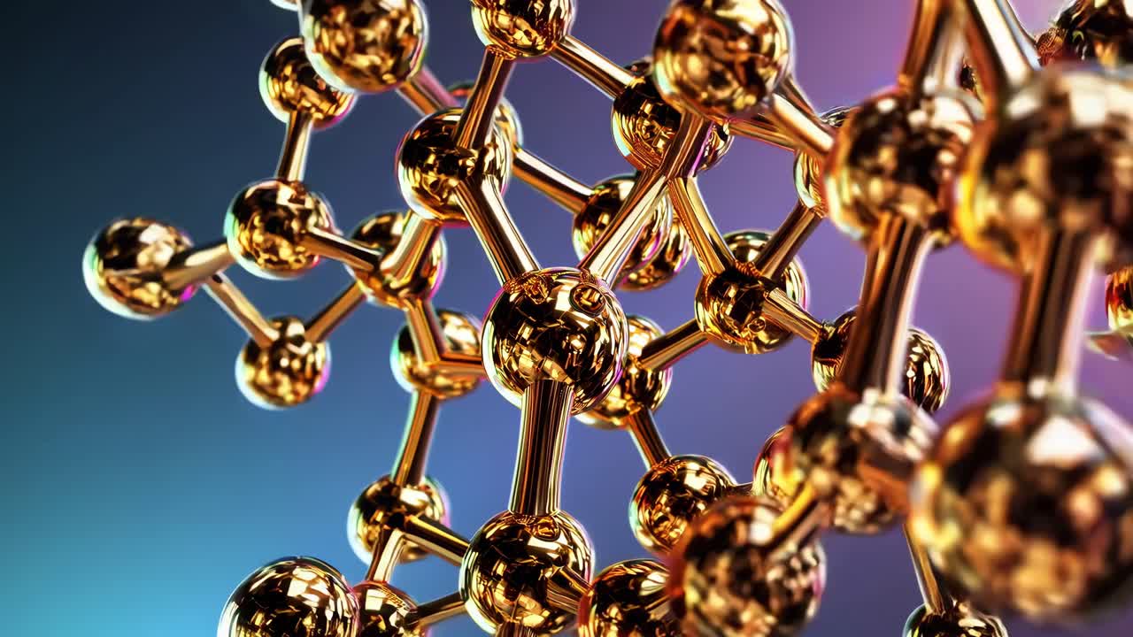 Close-up video of interconnected golden molecules, showcasing a futuristic and scientific concept