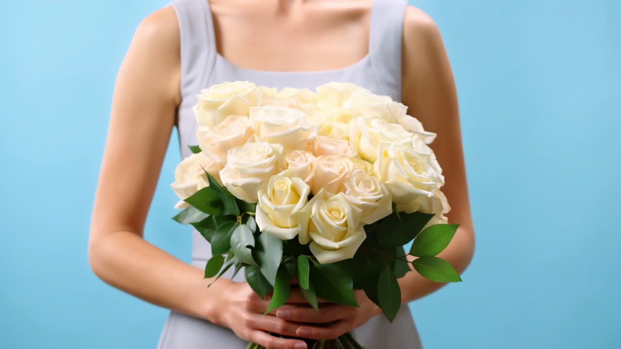 Donna che Tiene un Grande Bouquet di Rose Bianche.