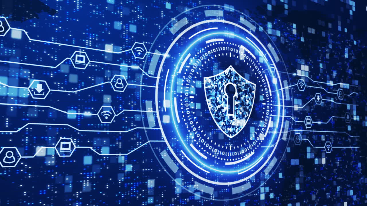 Cyber security shield neon icon. Digital protection of network data and users. Blue background with flashing dots and lines. Looped video.