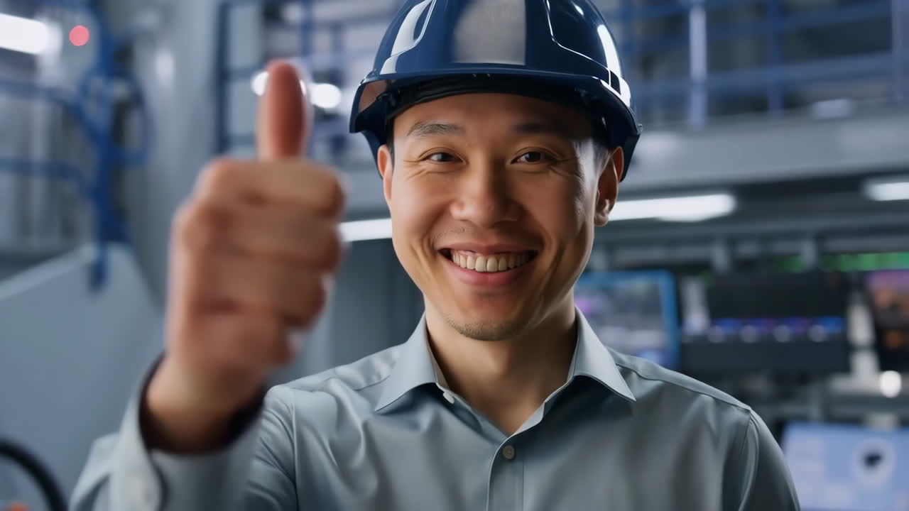 Smiling Engineer in Hard Hat Giving Thumbs Up