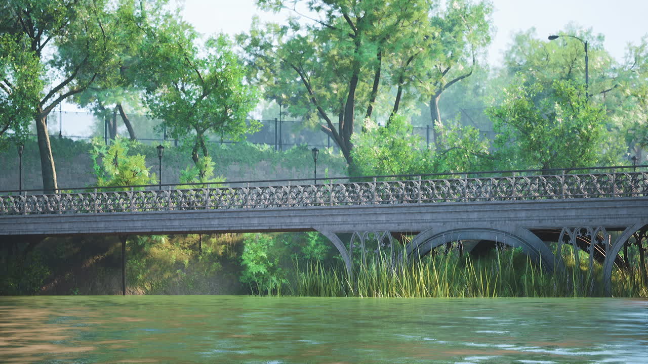 A serene park bridge surrounded by lush greenery on a sunny day
