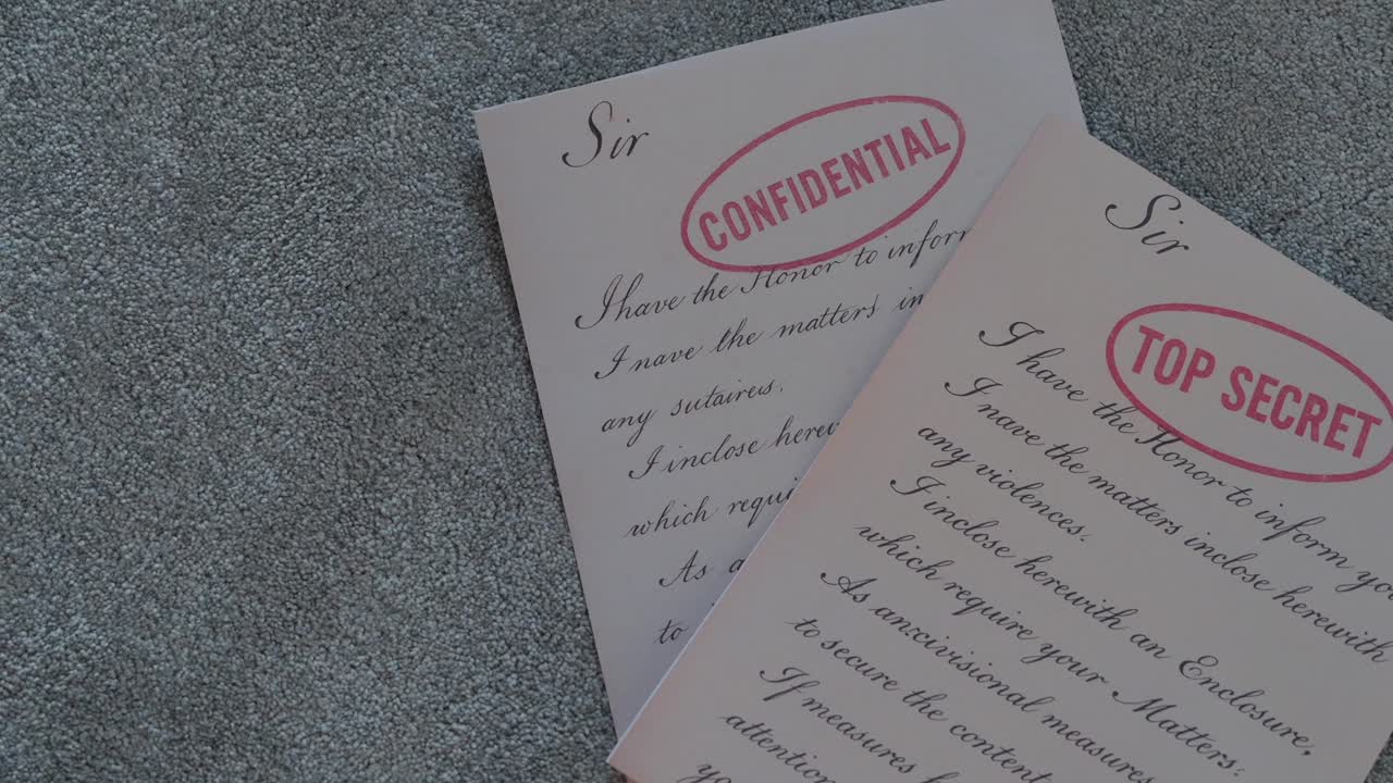 Close up of aged documents labeled top secret and confidential placed on a soft fabric