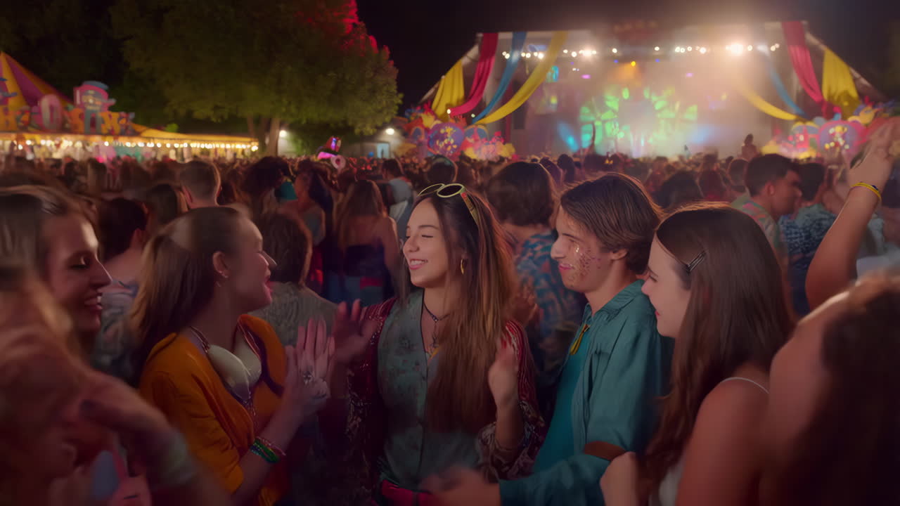 A group of young adults enjoying a lively outdoor music festival or concert at night