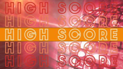 animation of high score text in repetition on orange banner with glowing mirror globe in background