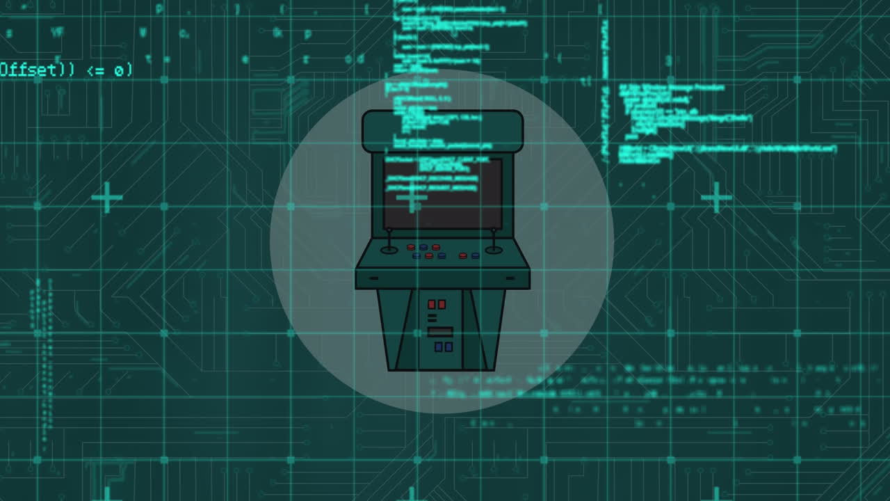 Animation of data processing over gaming machine on green background with integrated circuit