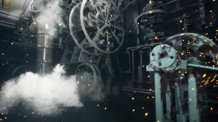 An ancient factory with working sparkling vintage engines and fuming mechanisms. The concept of steampunk mechanisms. The animation is perfect for vintage, fantasy and technology backgrounds.
