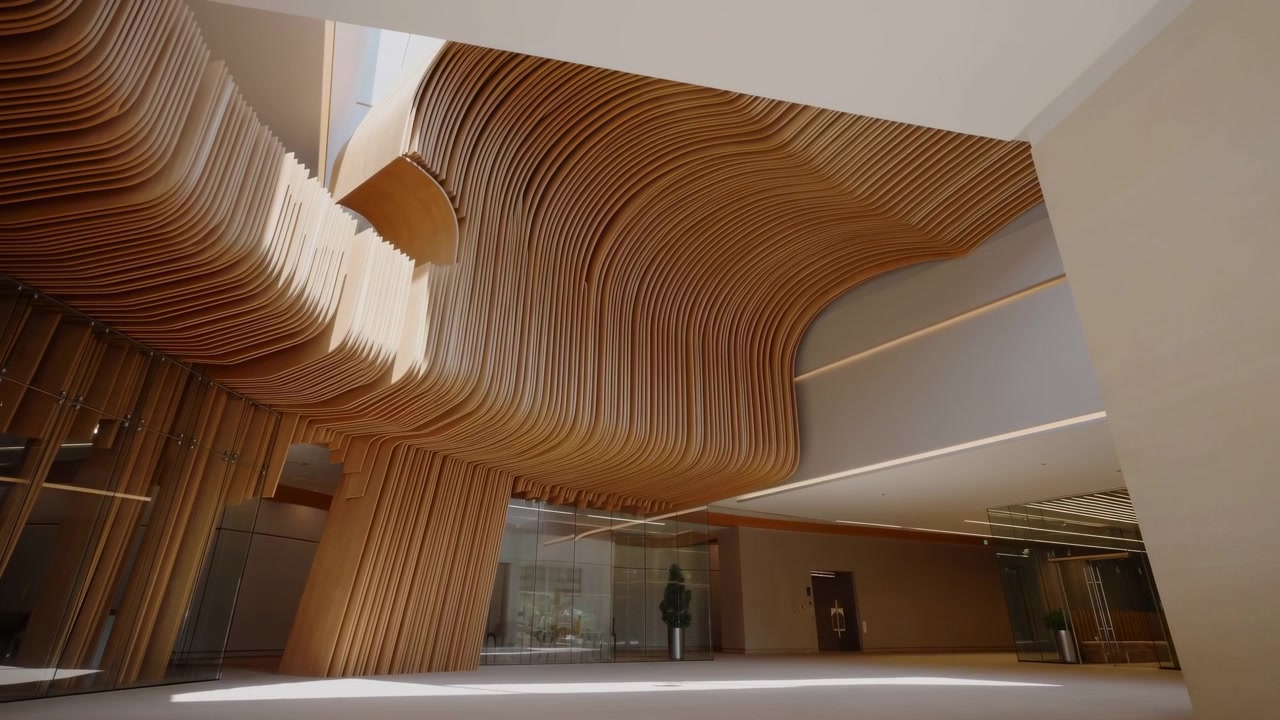 Architektonický interiér ukazující sochařský dřevěný baldachýn vyrobený z vrstvených zakřivených lamel, plynoucí ze svislého sloupu do širokého vlnitého stropu, s teplou skvrnou denního světla na podlaze a rafinovaný moderní.