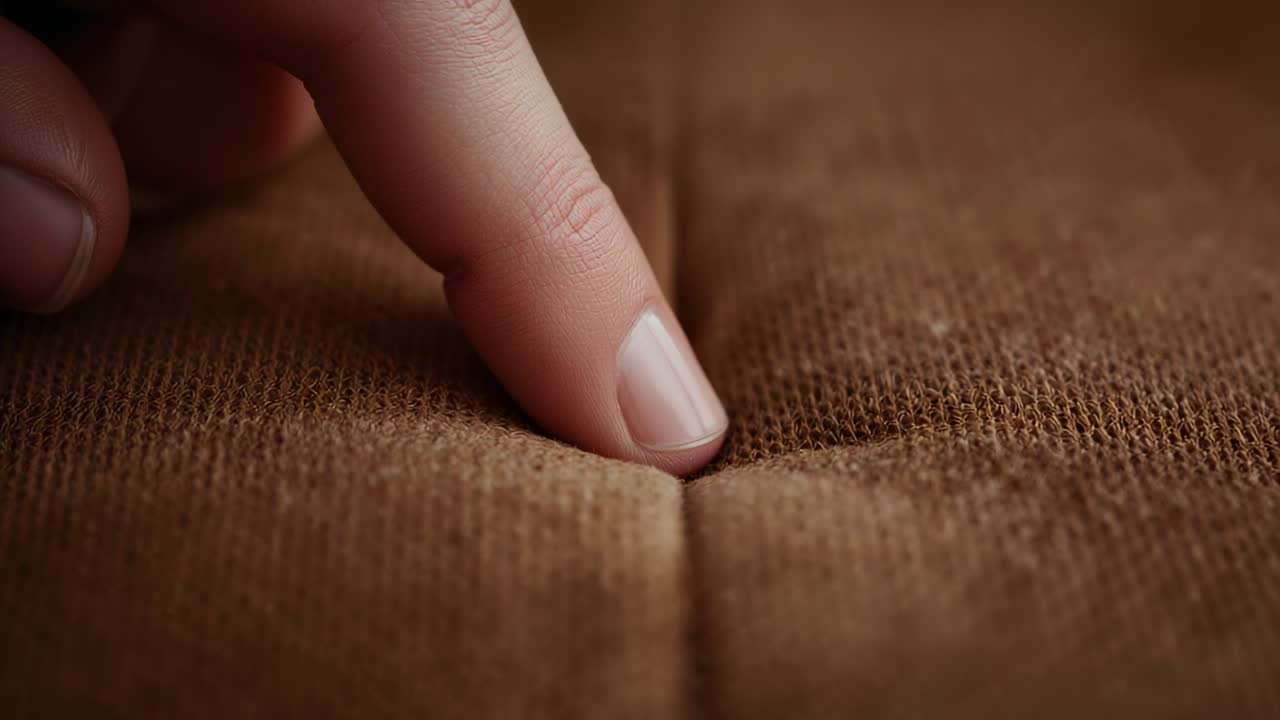 Hovering fingertip pressing seam of brown tufted fabric in studio making shallow dent, nail showing