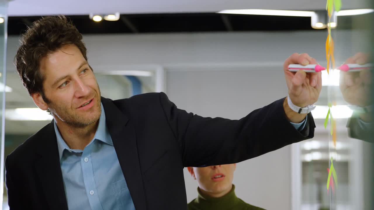 경영진들이 유리 벽 4k에 붙여진 메모를 논의하고 있습니다.