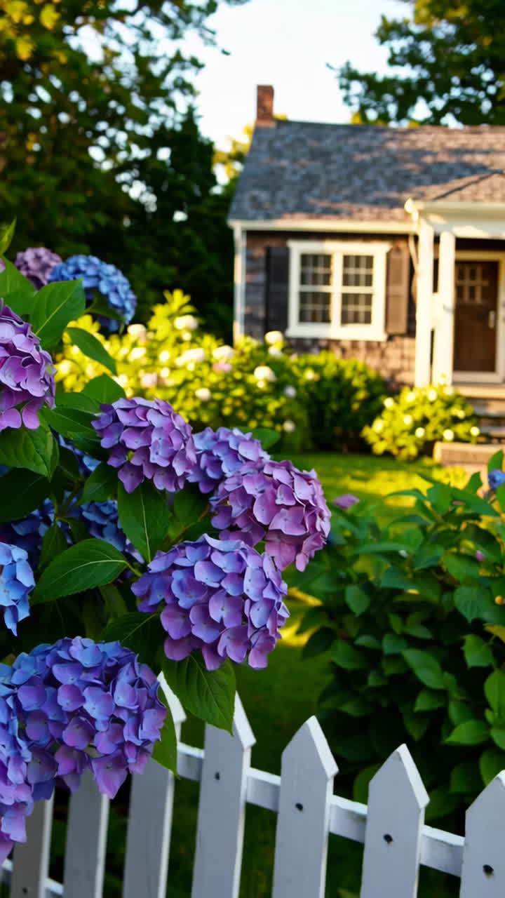 Vibrant Hydrangeas Blooming in a Garden with a House in the Background
