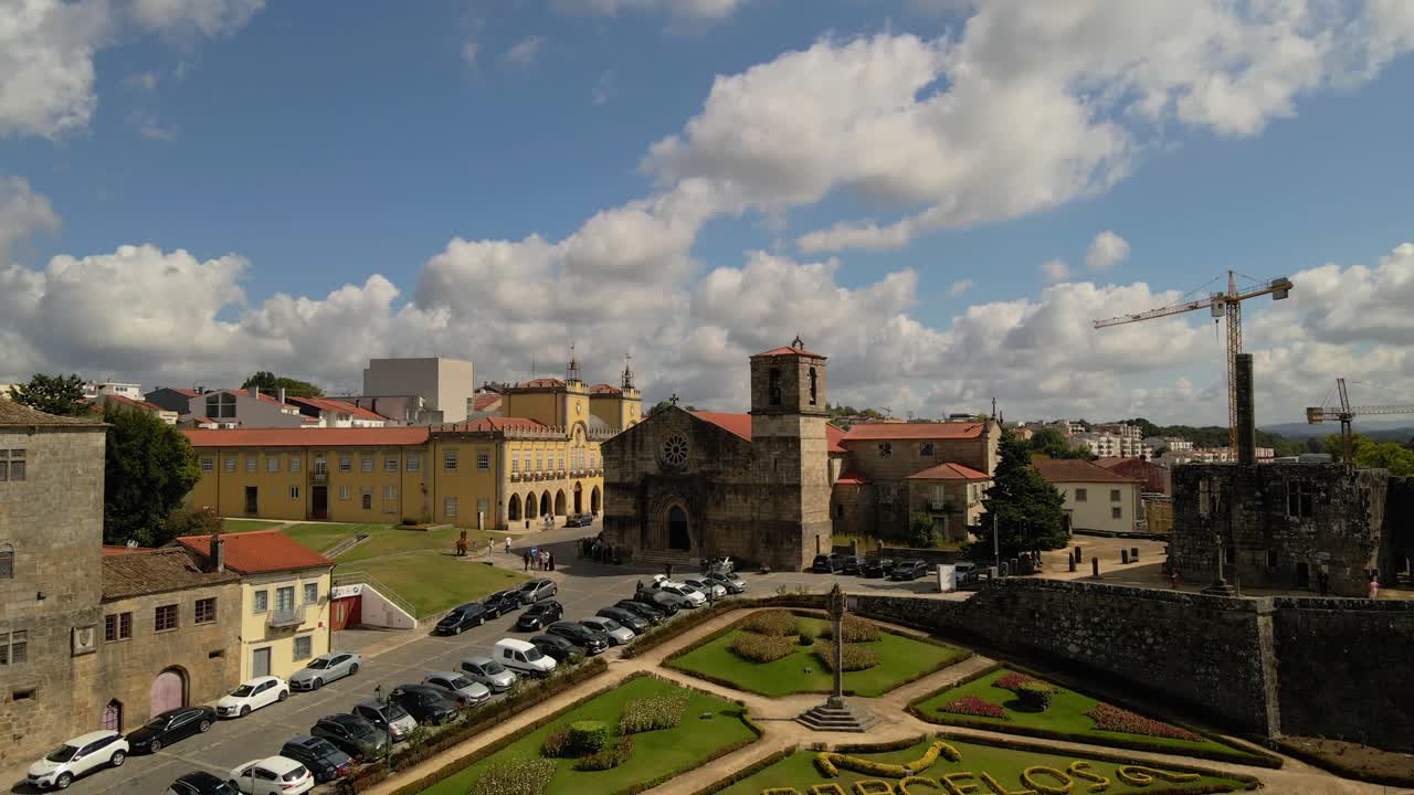 aerial Matriz Church and garden design in Barcelos Portugal under bright daylight