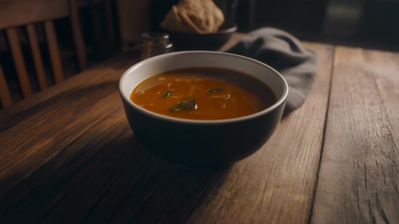 Bowl of Warm Pumpkin Soup on a Rustic Wooden Table