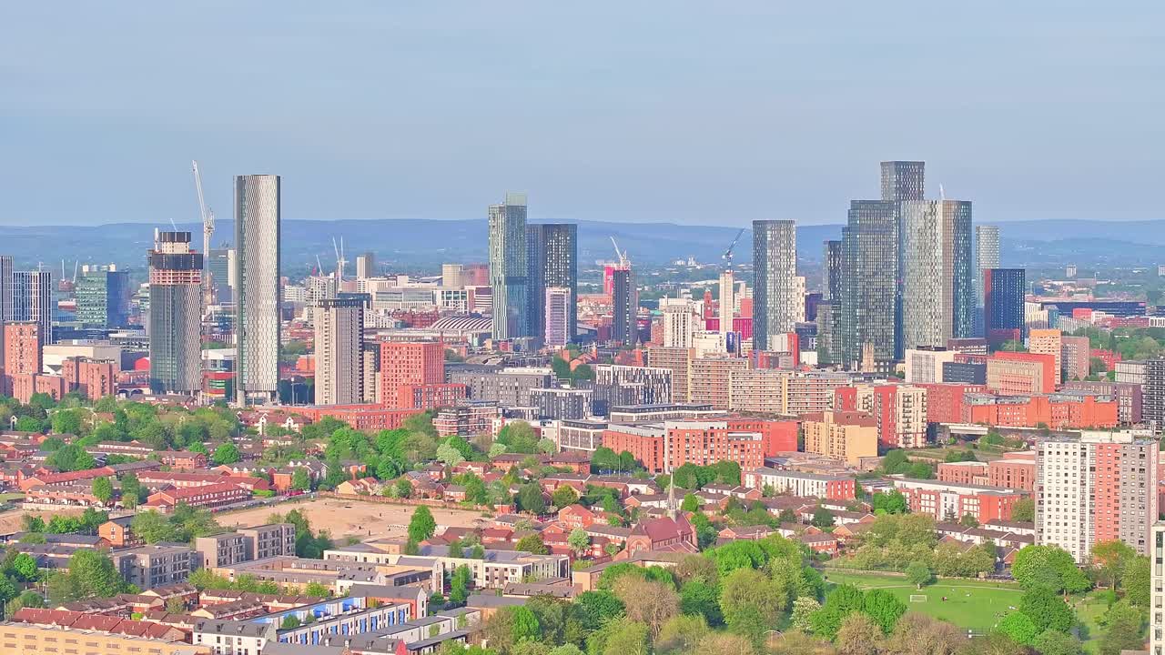 Skyline Aerial View Of Manchester City In England, Modern Towers and Buildings In City Center District