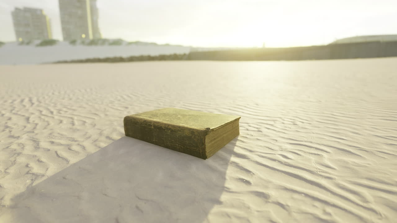 Forgotten book rests on sandy beach at sunset whispering stories of time