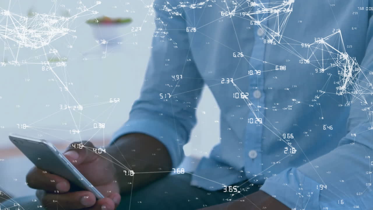 Holding smartphone, person surrounded by network connections and data processing animation