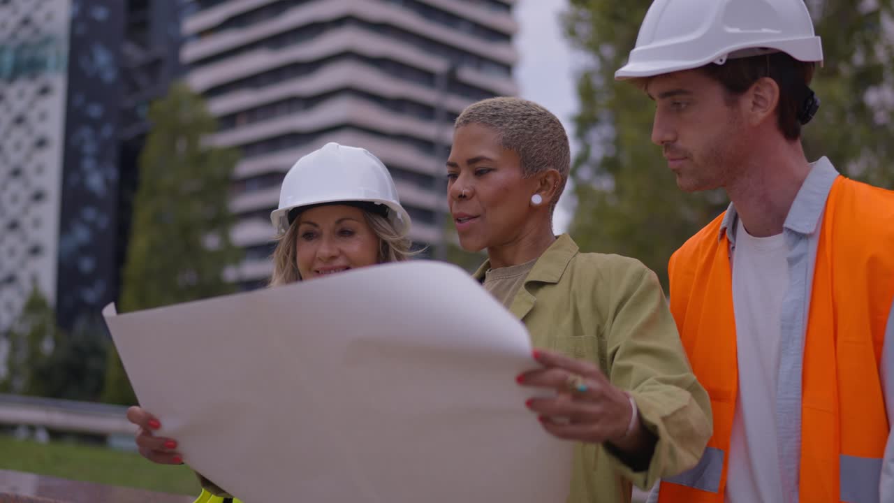 Construction Workers Reviewing Blueprints on Site
