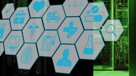 animation of scientific and medical icons with data processing over computer servers