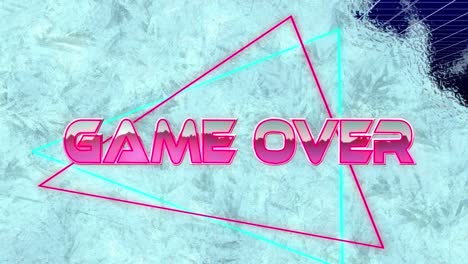 Animation-of-freezing-effect-against-game-over-text-banner-and-triangular-shapes-over-grid-network