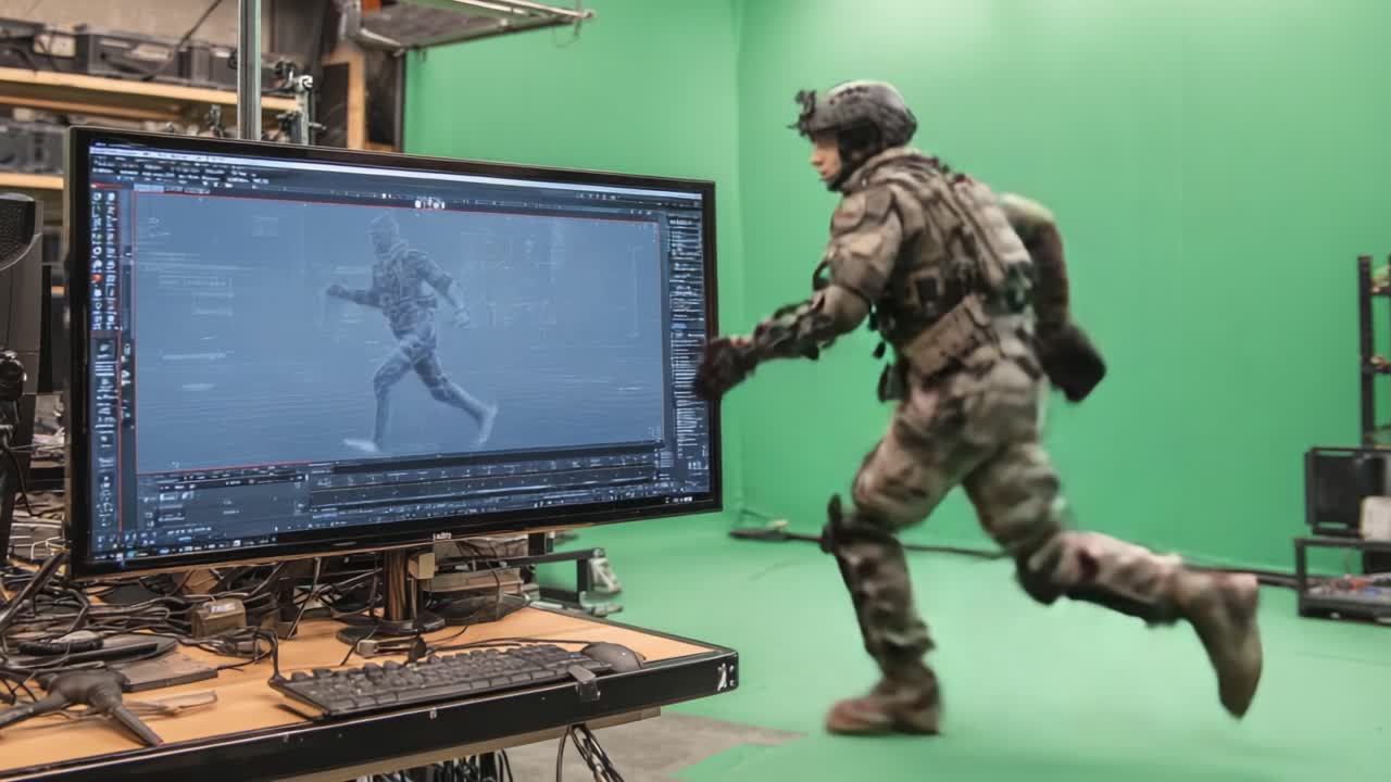 A dynamic scene showcasing the fusion of technology and art, depicting a soldier in tactical gear engaged in a running motion, while a digital animation unfolds on a computer screen in a green screen environment